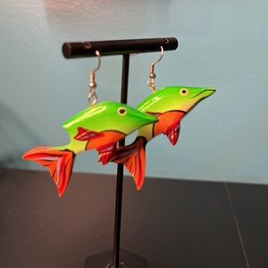 Vintage Wooden Tropical Fish Dangle Earrings